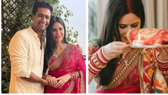 Fans can’t stop swooning over Katrina Kaif’s outfit, which includes a saree and sindoor for their first Karwa Chauth together