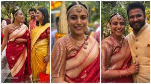 For a Carnatic musical performance, Swara Bhasker dresses as a Telugu bride in a saree and strikes a pose with Fahad Ahmad. See images