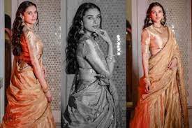 Aditi Rao Hydari offers up vintage splendour in these stunning photographs of her wearing a gold silk lehenga; an admirer dubs her “Real Indian beauty.”