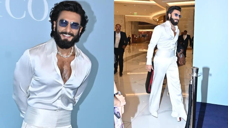 During Tiffany’s Mumbai store launch, Ranveer Singh wears white satin, high heels and shows off a ring Deepika Padukone gifted him